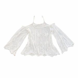 Elan Embroidered Lace Cold Shoulder Top Ivory One Size